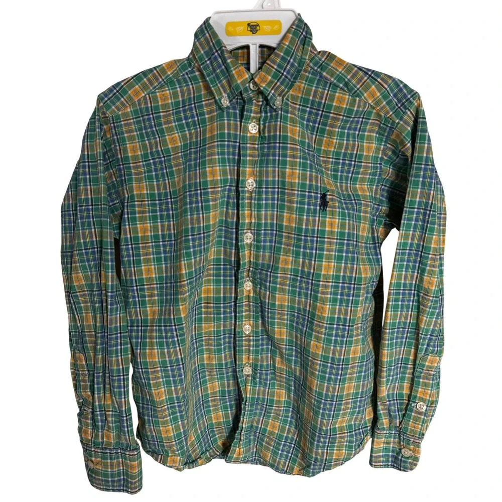 Ralph Lauren Boys Green Yellow Plaid‎ Button Down Shirt Size S 8 10 Long Sleeve